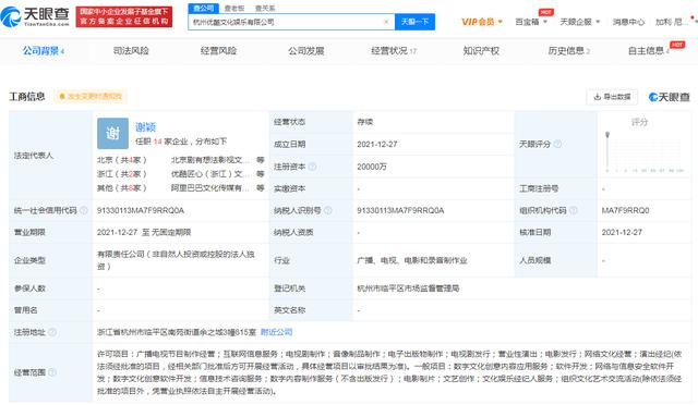 天眼查app显示,12月27日,杭州优酷文化娱乐成立,为